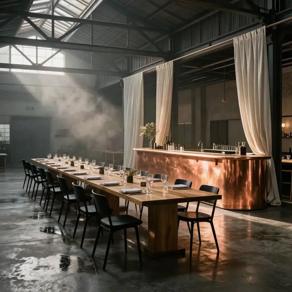 Lege hangaar met lange dineropstelling, koperen bar en warm zonlicht na regen.