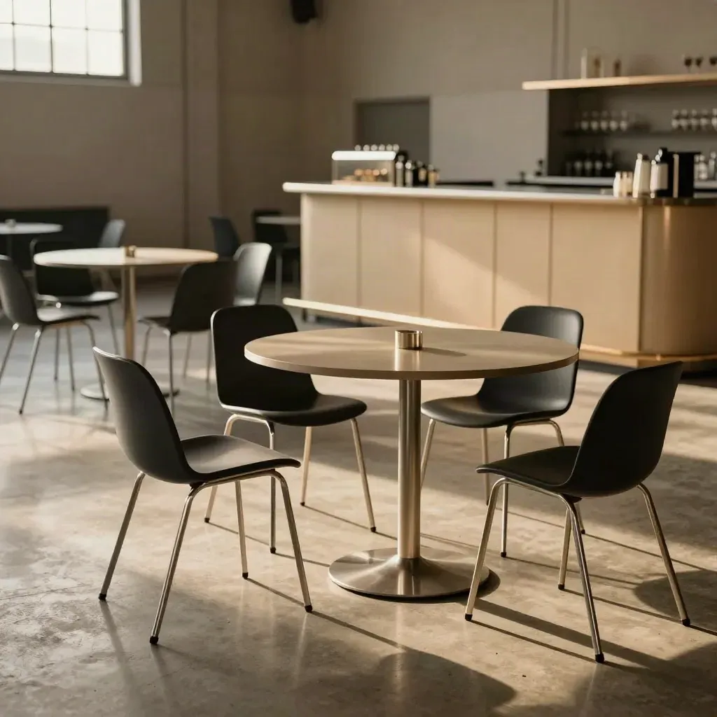 Open hangaarvloer met cocktailtafels, stapelstoelen en compacte bar in warm licht