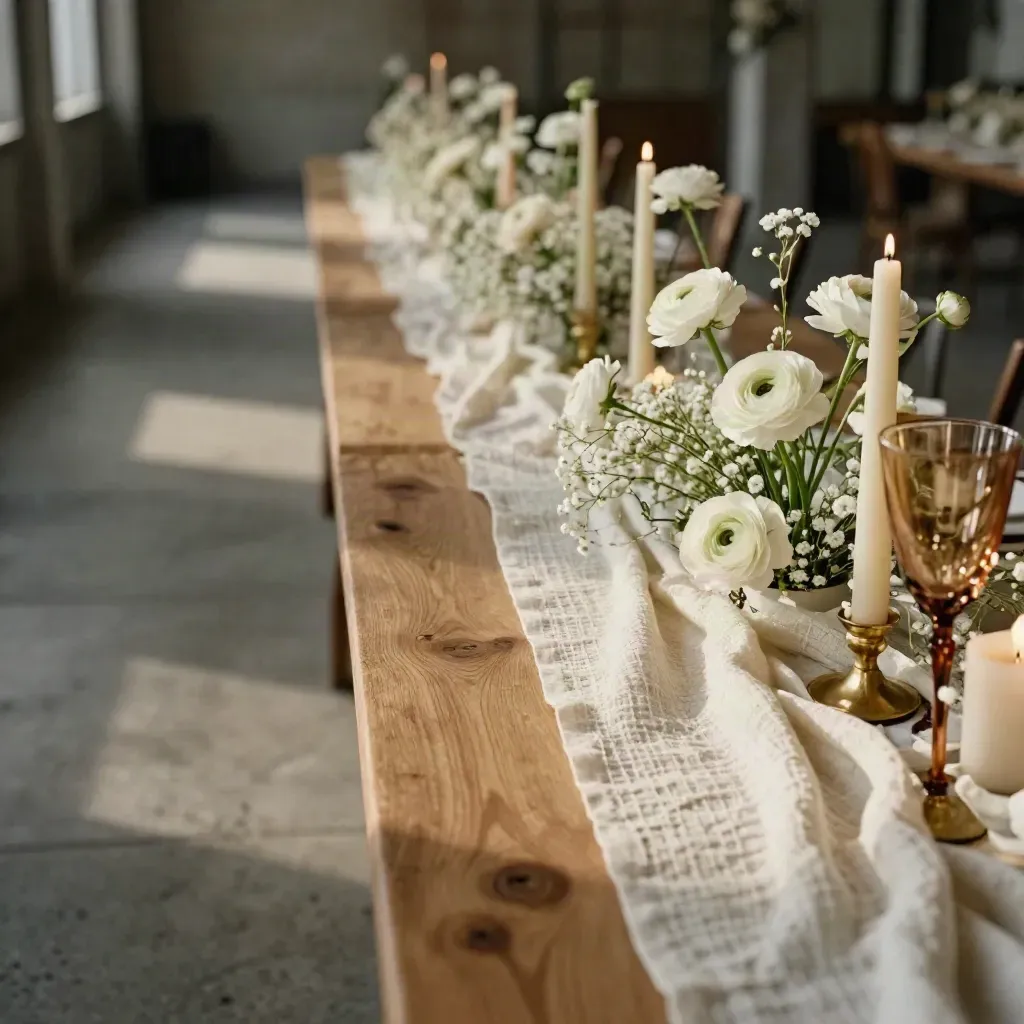 Bruiloftstafel in industriële hal met linnen, kaarsen en witte bloemen