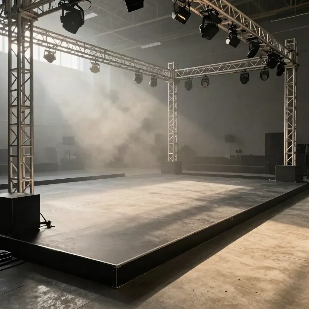 Lege productlancering-opstelling met zwarte podia, truss en mist in industriële hal.