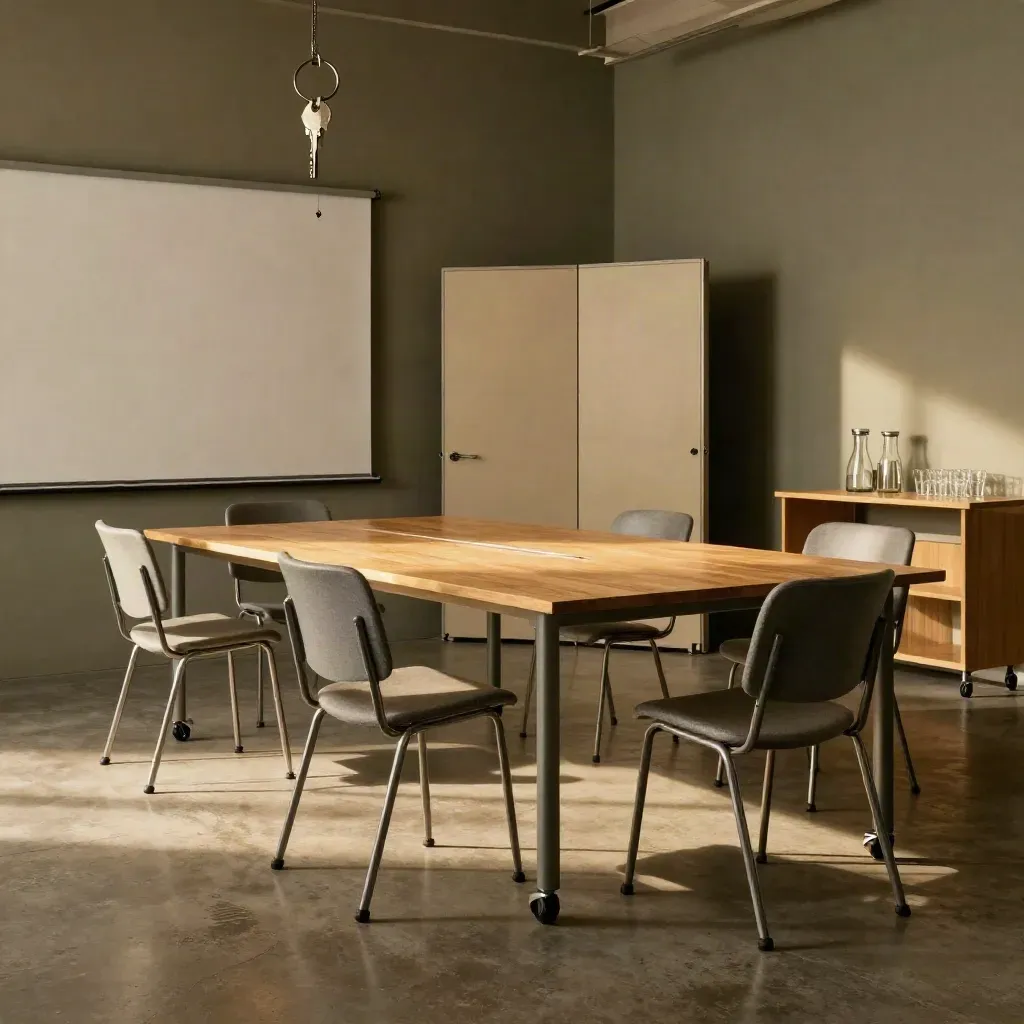 Vergaderruimte in trainingsopstelling met tafels, stoelen en een leeg presentievlak