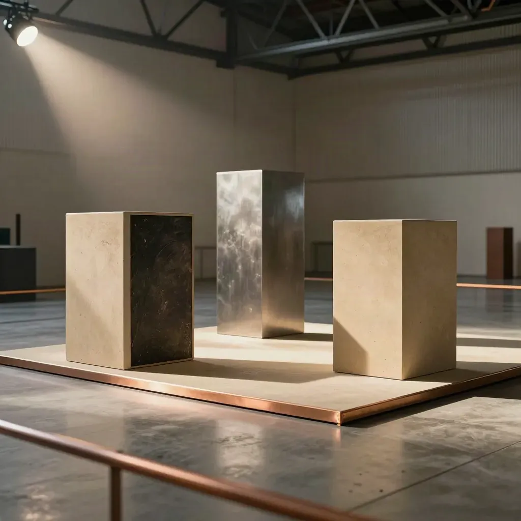 Open productpresentatiezone met sokkels, spots en een vrije looproute in een industriële zaal.