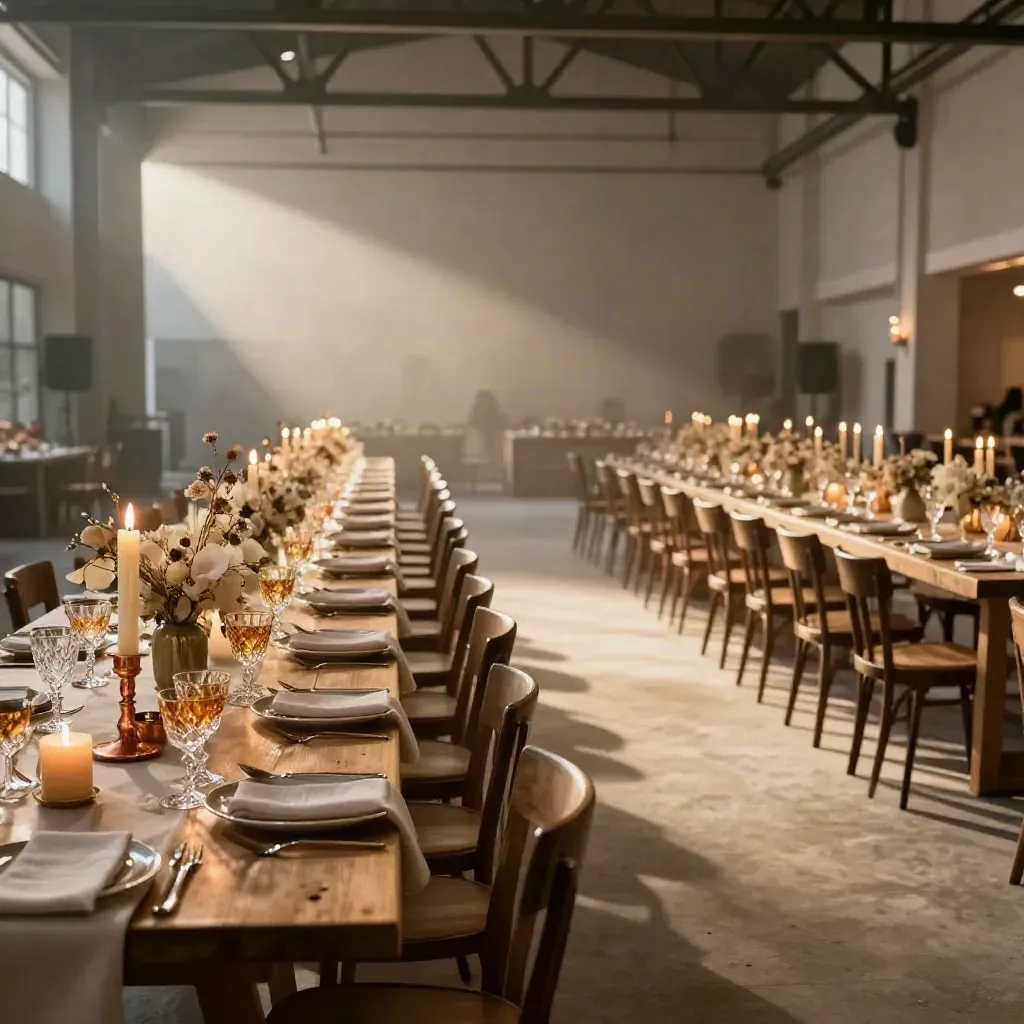 Lange bruidstafels met kaarsen, bloemen en glazen, uitkomend op een lege dansvloer