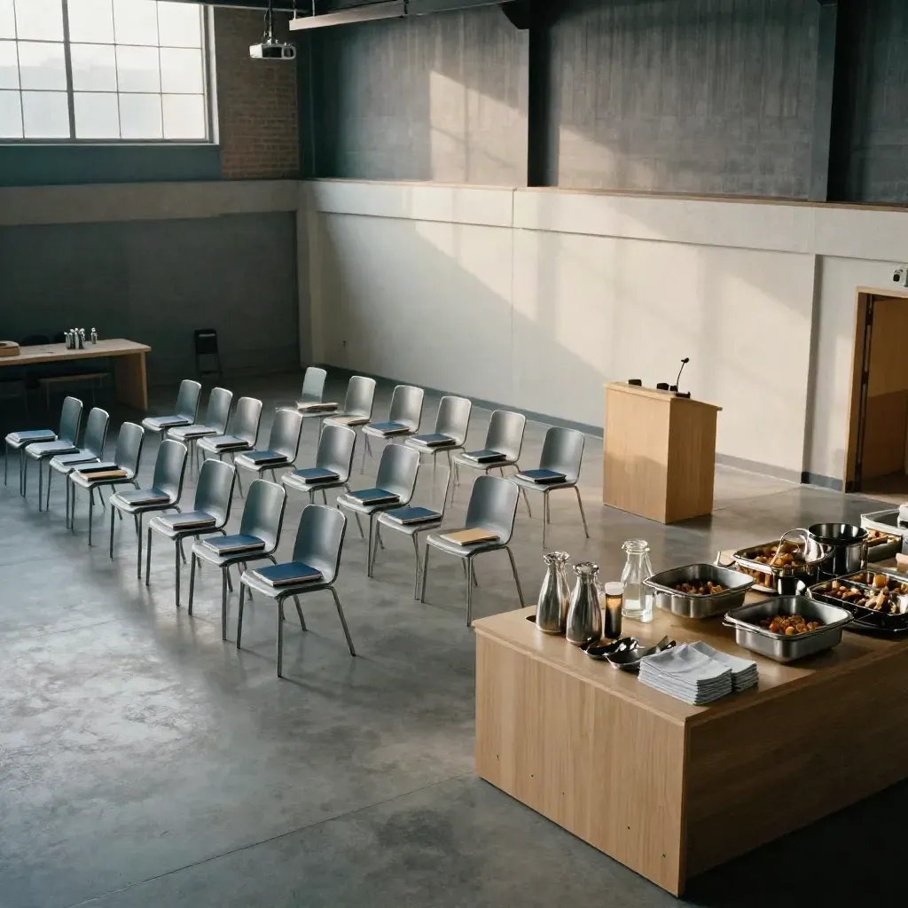 Conferentiezaal in De Hangaar met stoelen, drie sessiezones en een lunchbuffet, leeg en klaar voor gebruik.