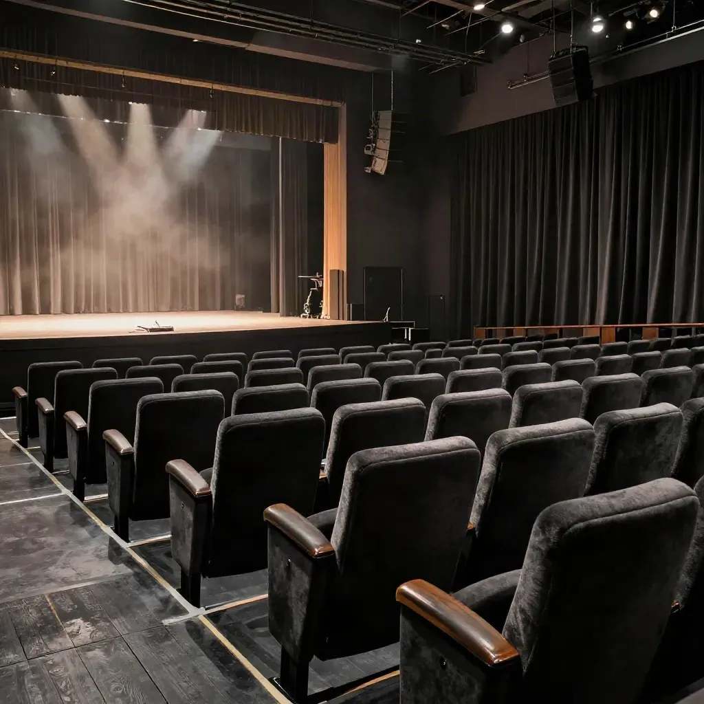 Lege congreszaal met volle rijen stoelen, podiumlicht en zware gordijnen in een industriële venue.