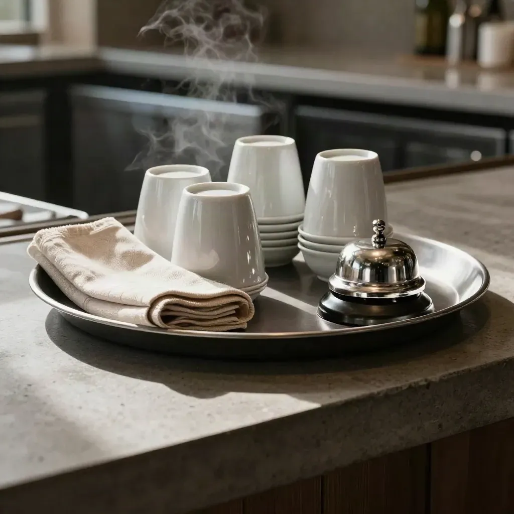 Glanzende serveertray met kopjes, servet en bel op een industriële balie