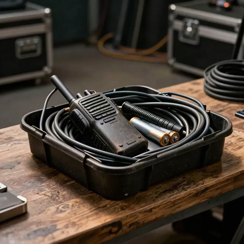 Portofoon, kabeltester en batterijen in een rubberen bak op een donkere werkbank.