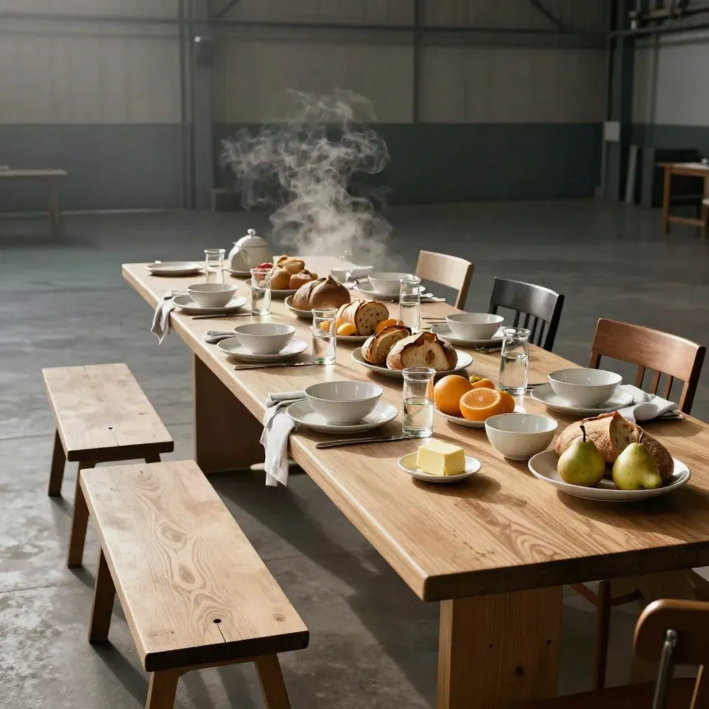 Schuine bovenaanzicht van een warme lunchopstelling in een industriële eventruimte met lege stoelen.