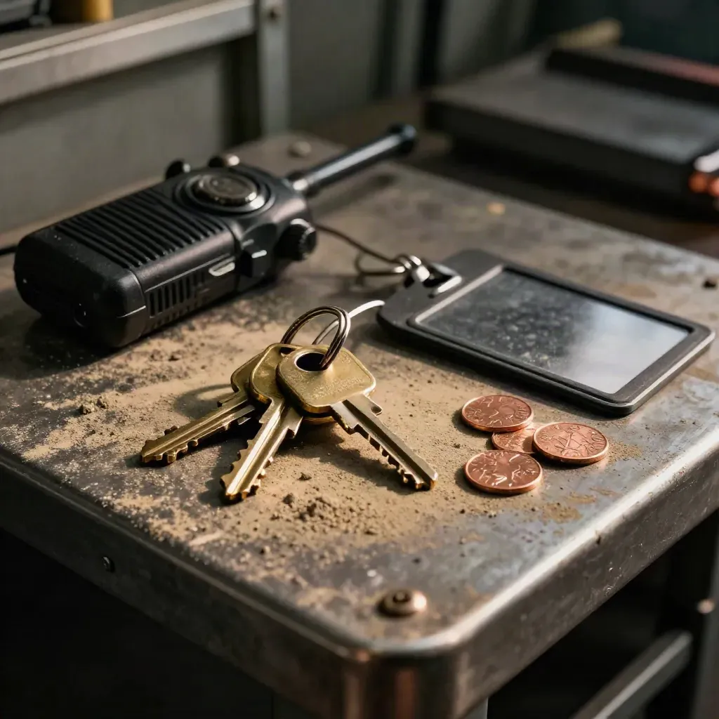 Zware sleutelbos, portofoon en badgehouder op donkere werkbank met koperen markeermuntjes.