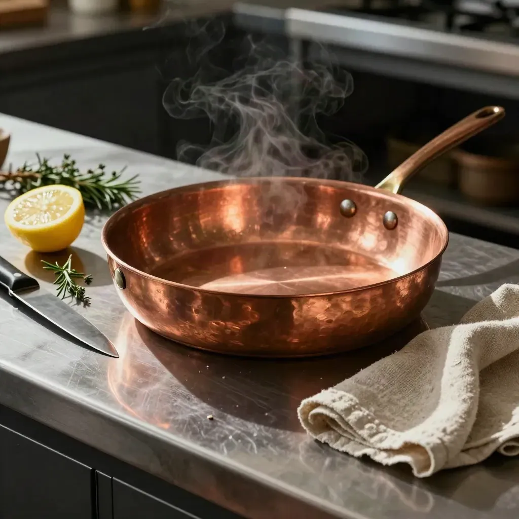 Koperen sauteerpan met chefmes, citroen, kruiden en linnen doek op een keukenwerkblad.