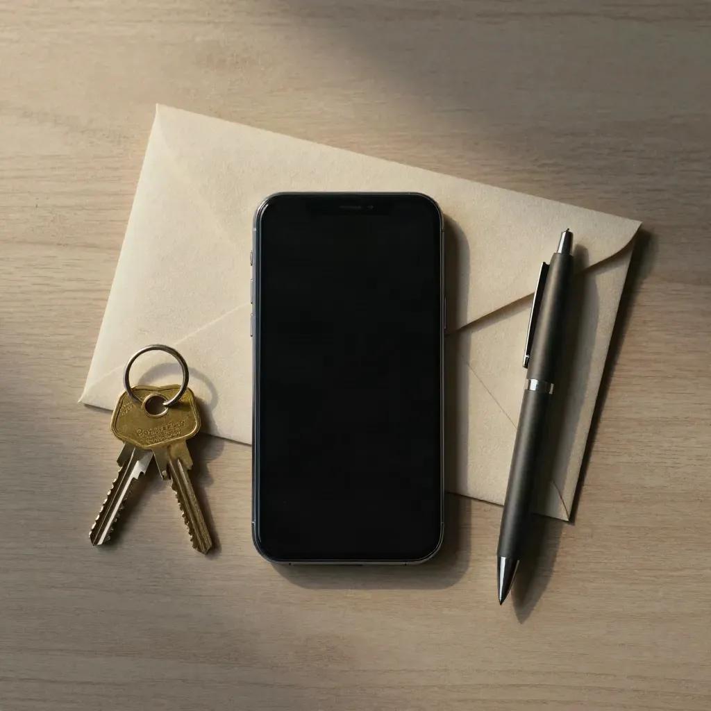 Donkere smartphone, messing sleutels, linnen envelop en pen op licht houten oppervlak.