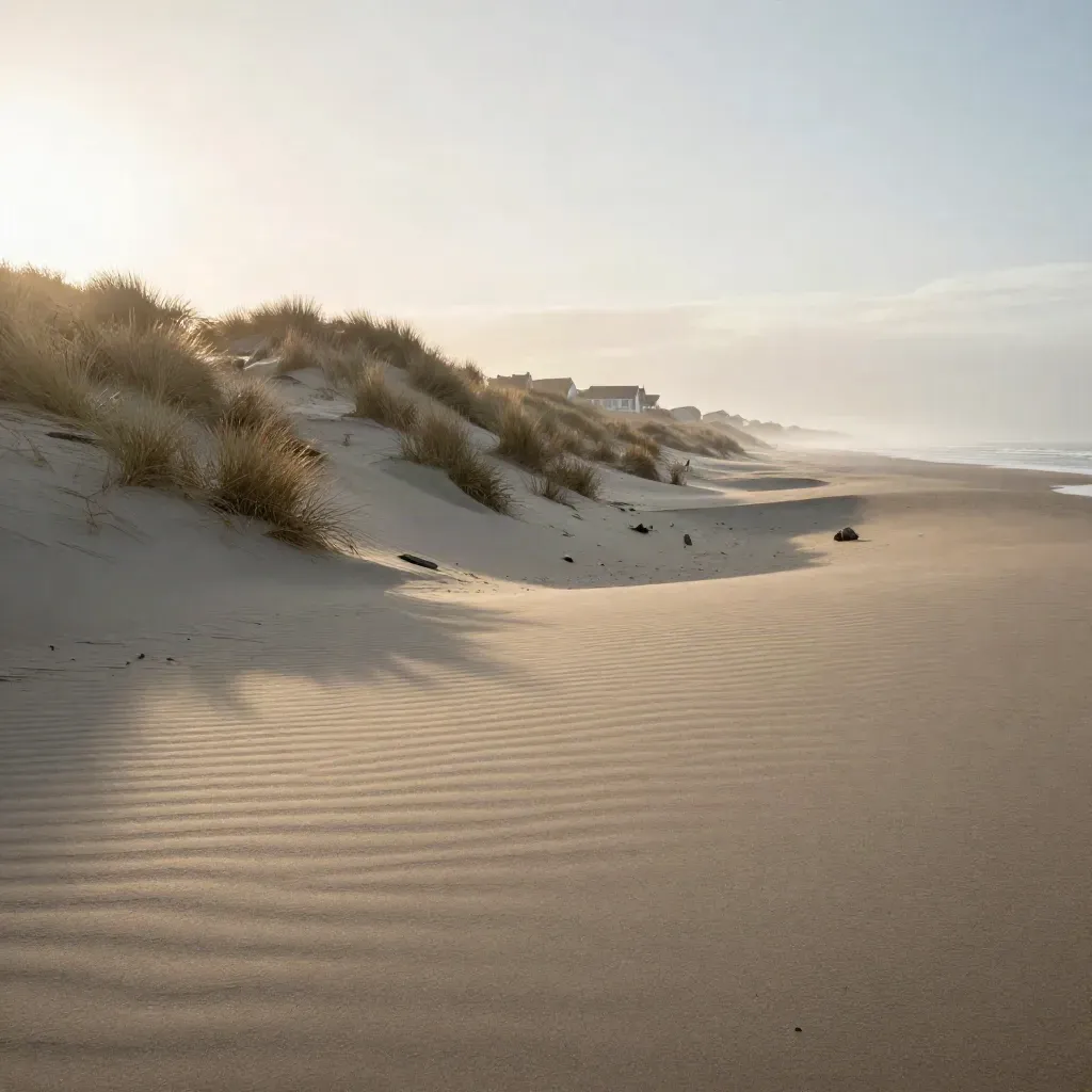 Duinen boven Zandvoort in gouden ochtendmist met nat zand en zachte kustlijn.