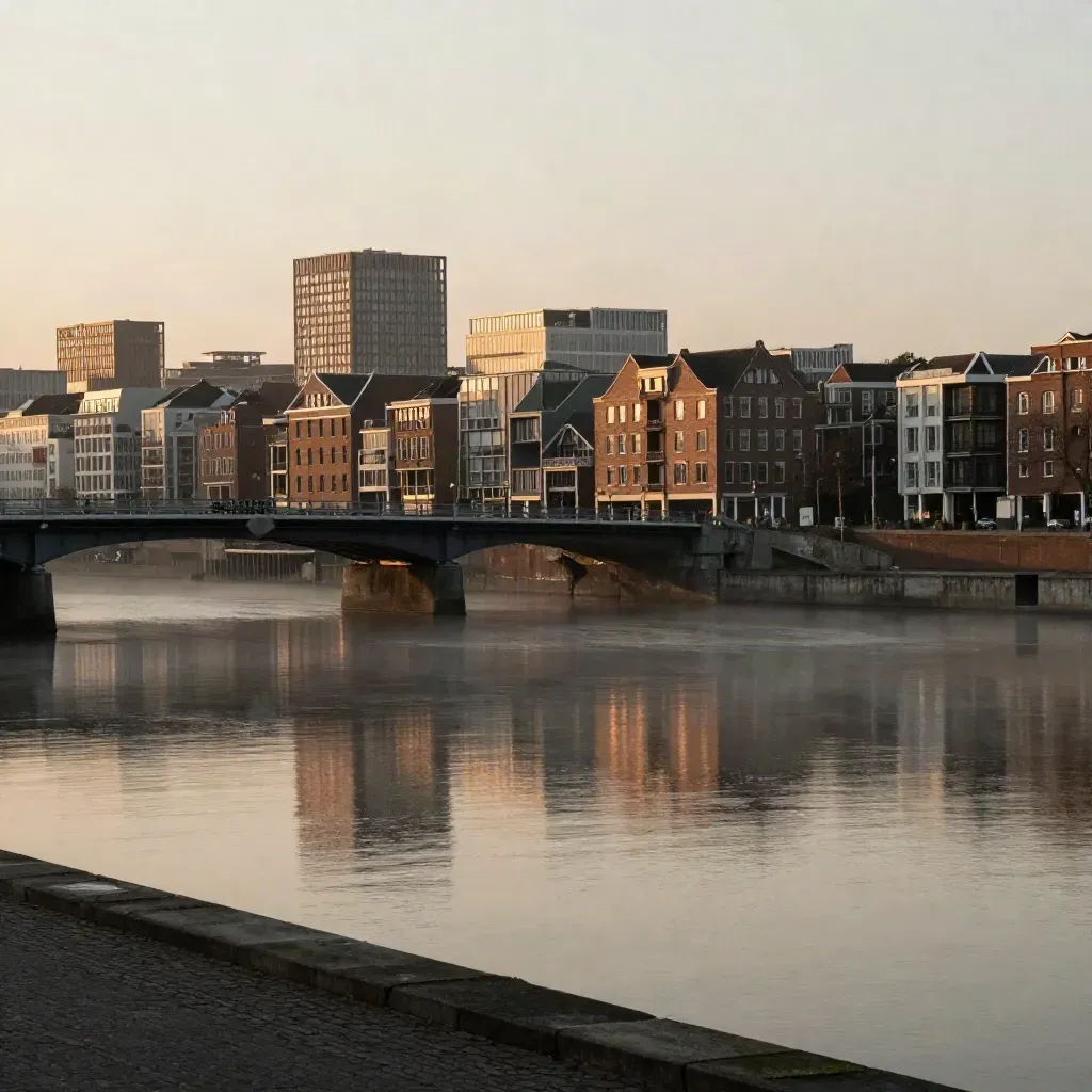 IJ-oever bij zonsondergang met brugsilhouetten, bakstenen randen en spiegelend stil water