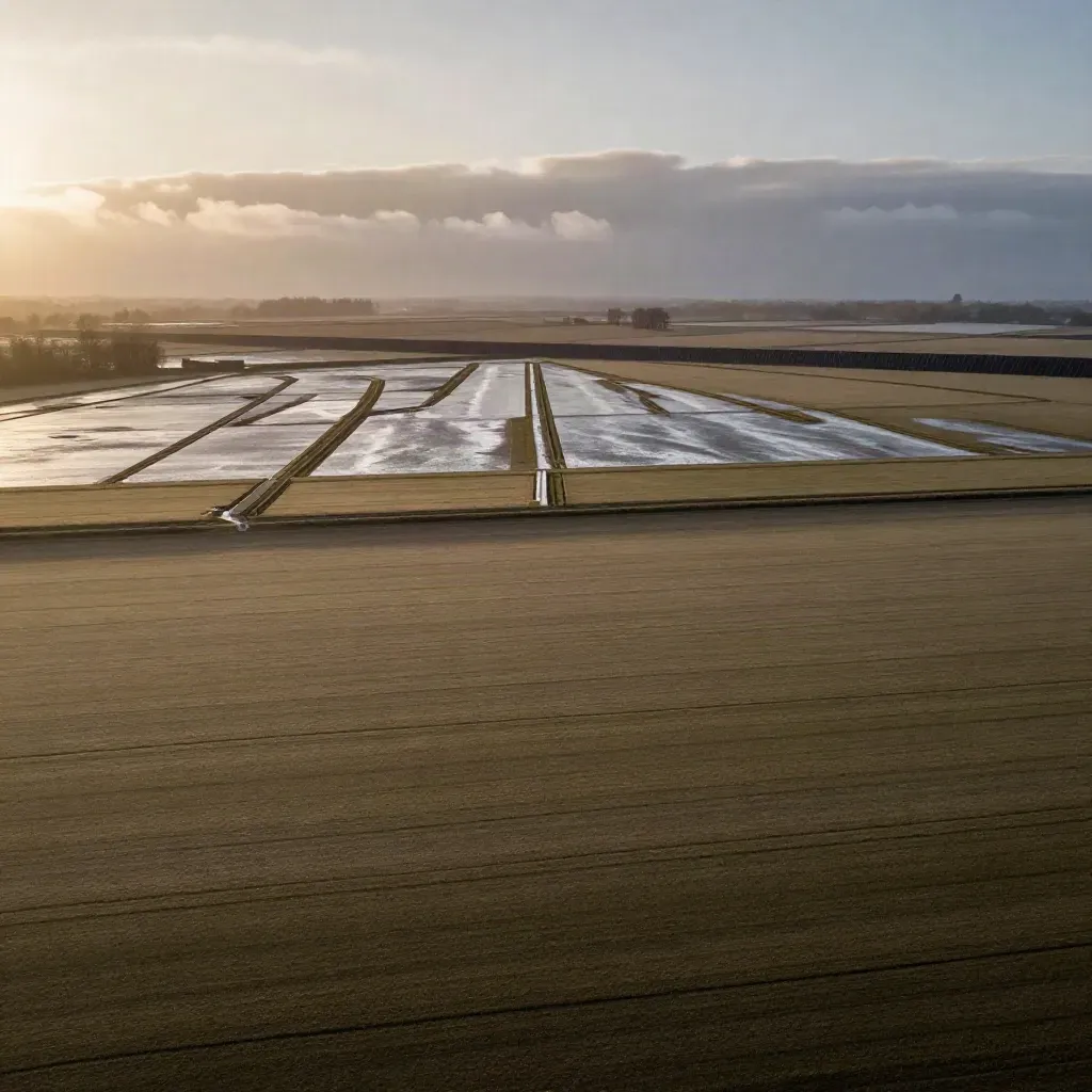 Opgeheven polderland met sloten, dijk en lage wolkenband na regen, klaar voor copy